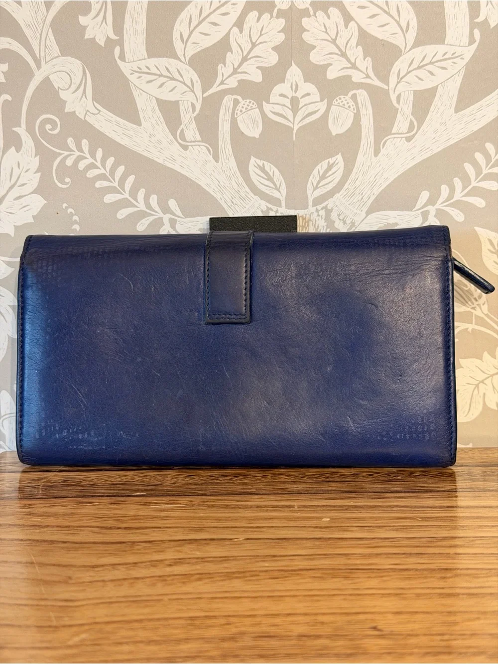 Authentic Saint Laurent YSL Blue Smooth Leather Cassandra Wallet Gold Hardware